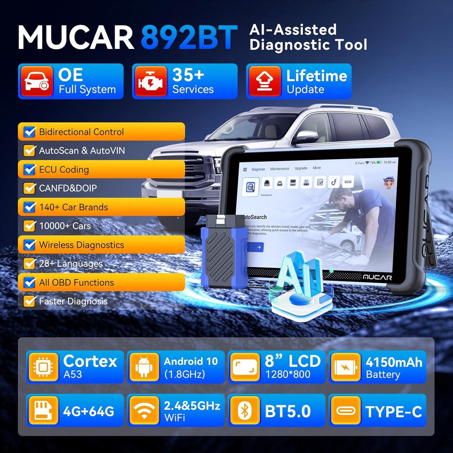MUCAR 892BT AI-Assisted Bi-Directional Diagnostic Tool — Full-System OBD2 Scanner